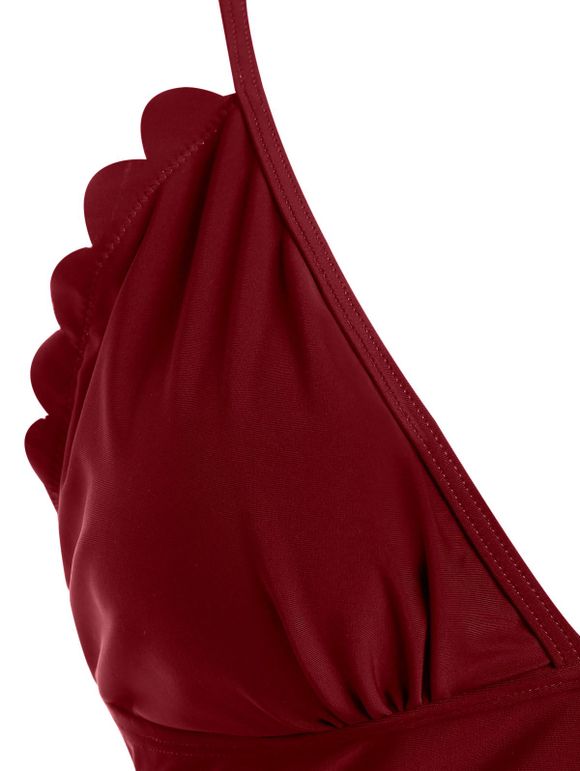 Maillot de Bain Tankini Contrôle du Ventre Festonné à Imprimé Fleuri à Taille Haute de Plage - Rouge foncé M