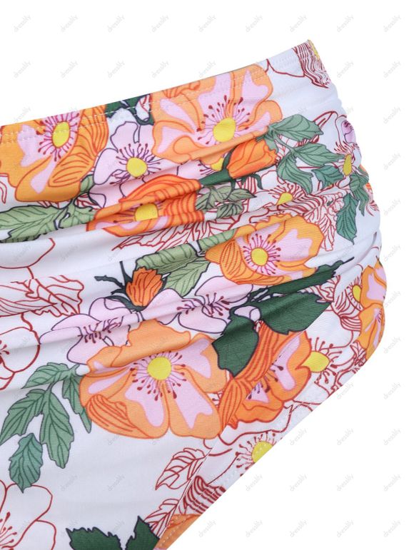 Maillot de Bain Tankini Contrôle du Ventre Festonné à Imprimé Fleuri à Taille Haute de Plage - Rouge foncé M