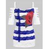T-shirt Déchiré à Imprimé Fleur en Dentelle Insérée à Epaule Dénudée - Bleu L