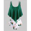 Maillot de Bain Tankini Fleuri Cactus Imprimé Superposé de Grande Taille à Volants - Vert profond 5X