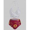 Criss Cross Wrap Vertical Stripes Sunflower Bikini Swimwear - RED WINE S
