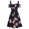 Robe Mini d'Eté Ceinturée à Imprimé Florale Épaule Ouverte de Vacance - Cadetblue M