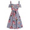 Summer Vacation Flower Print Sundress Open Shoulder Fold Over Belted Mini Dress - GRAY 3XL