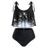 Maillot de Bain Tankini à Imprimé Pissenlit à Epaule Nouée de Grande Taille à Volants - Noir 4X