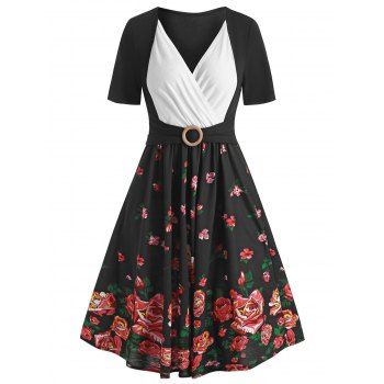 

Vacation Floral Print O Ring Contrast Surplice A Line Dress, Black