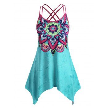 

Plus Size Bohemian Print Crisscross Handkerchief Tank Top, Turquoise