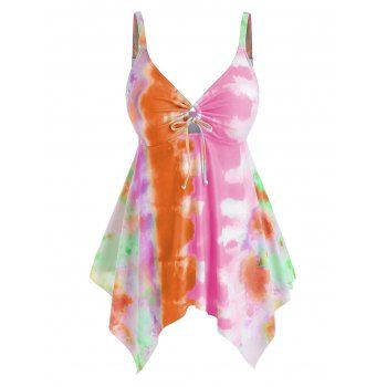 

Plus Size Cinched Tie Dye Handkerchief Tankini Swimwear, Orange