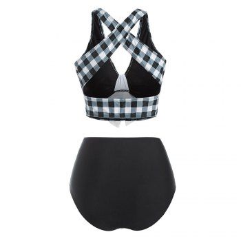Tummy Control Tankini Swimsuit Plaid Print Swimwear Crisscross Mock Button Knotted Summer Beach Bathing Suit 