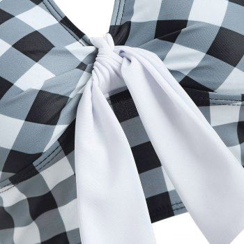 Tummy Control Tankini Swimsuit Plaid Print Swimwear Crisscross Mock Button Knotted Summer Beach Bathing Suit 