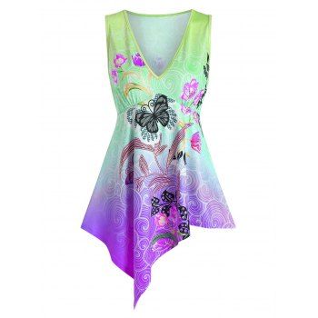 

Butterflies and Flowers Print Asymmetric Tank Top, Multicolor b