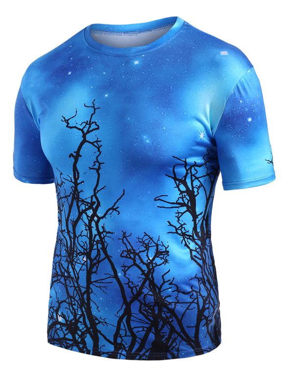 T-shirt Arbre Branche Etoilé Imprimés Manches Courtes à Col Rond - Bleu Lierre S