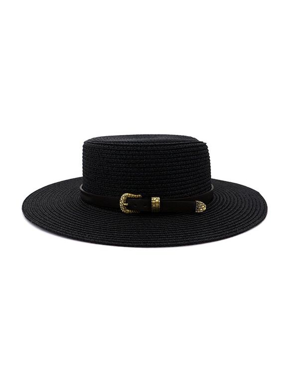 Buckle Belt Wide Brim Flat Top Straw Hat - BLACK 