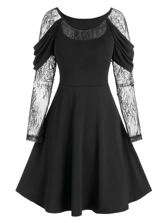 Robe de Bal Gothique Drapée à Manches en Dentelle - Noir XL