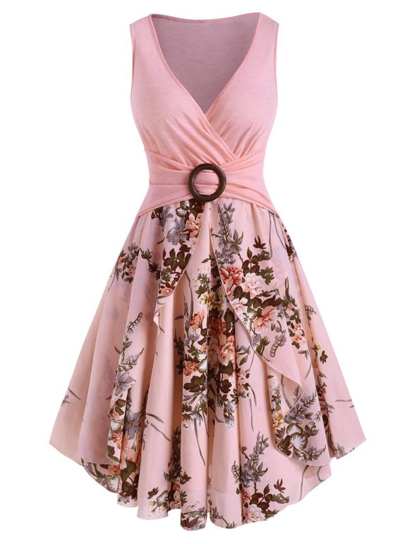 Robe Superposée Fleur Imprimée Anneau en O à Taille Haute - Rose clair S