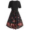 Vacation Floral Print O Ring Contrast Surplice A Line Dress - BLACK S