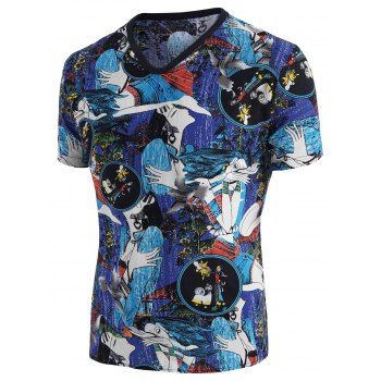 

Ethnic Girl Print V Neck Short Sleeve T Shirt, Multicolor