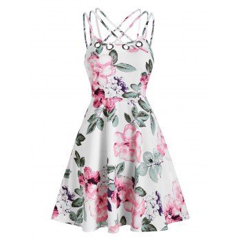 

Floral Print High Waist A Line Dress, White