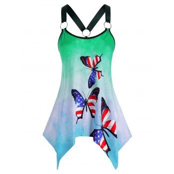 

Plus Size American Flag Butterfly Hanky Hem Tie Dye Tank Top, Green