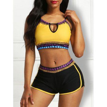

Contrast Piping Keyhole Printed Tankini Swimwear, Yellow