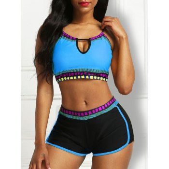 

Contrast Piping Keyhole Printed Tankini Swimwear, Light blue