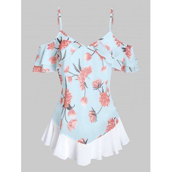 

Flower Print Cold Shoulder Flounce Chiffon Top, Blue