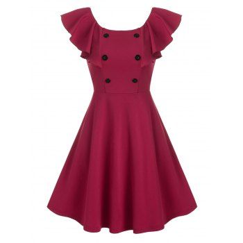 

Butterfly Sleeve Back V Mock Button Mini A Line Dress, Red wine