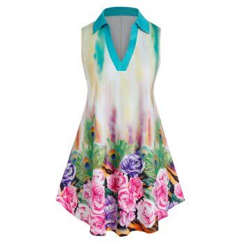 

Plus Size Flower Tie Dye V Cut Tunic Tank Top, Light aquamarine