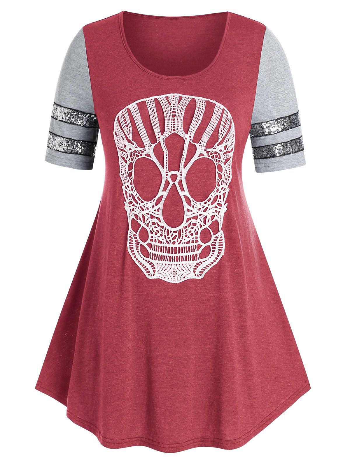 Plus Size Lace Skull Sequin T Shirt - RED L