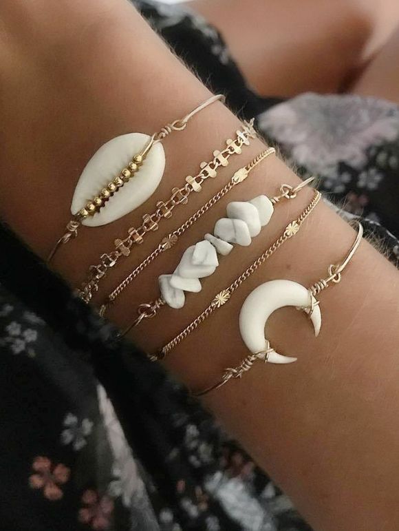 Ensemble de Bracelet Coquille Lune en Pierre Naturelle 6 Pièces - d'or 