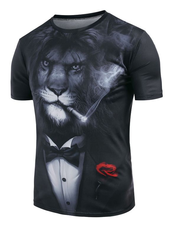 T-shirt Décontracté Lion Graphique Imprimé à Col Rond - Noir S