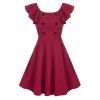 Butterfly Sleeve Back V Mock Button Mini A Line Dress - RED WINE M