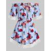 Blouse Tunique Fleurie Imprimée à Epaule Dénudée de Grande Taille - Bleu de Mer L