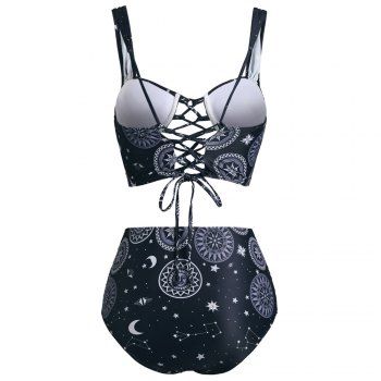 

Vintage Tankini Swimsuit Sun Moon Star Print Bathing Suit Lace Up Summer Beach Tummy Control Swimwear, Black