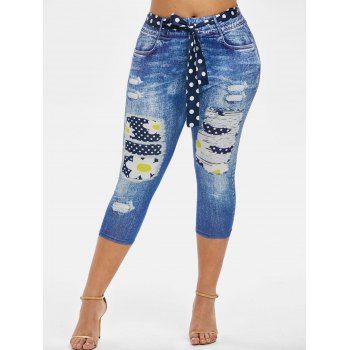 

Dotted Daisy 3D Print Belted Plus Size Capri Jeggings, Blue
