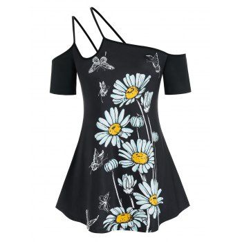 

Plus Size Daisy Print Irregular Strap Tee, Black
