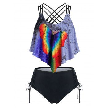 

Plus Size Butterfly Print Cinched Tankini Swimwear, Black