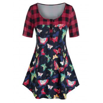 

Plus Size Butterfly Print Plaid T Shirt, Deep red