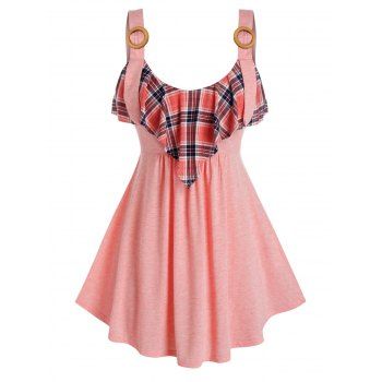 

Plus Size Plaid A Line Tunic Tank Top, Orange pink