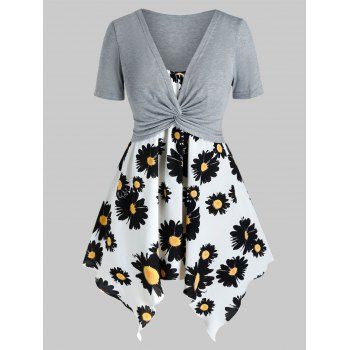 

Plus Size Flower Hanky Top and Twisted T-shirt Set, Light gray