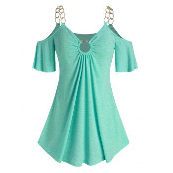

Plus Size Open Shoulder O Ring Chains T Shirt, Light aquamarine