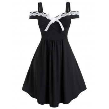

Plus Size Bowknot Guipure Lace Panel A Line Dress, Black