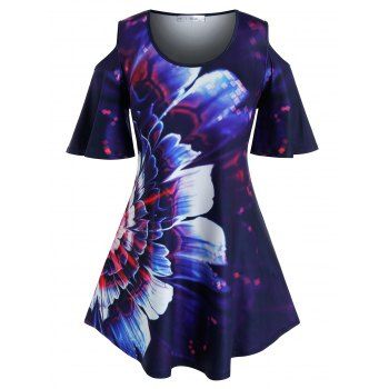 

Plus Size Flower Printed Cold Shoulder T-shirt, Concord