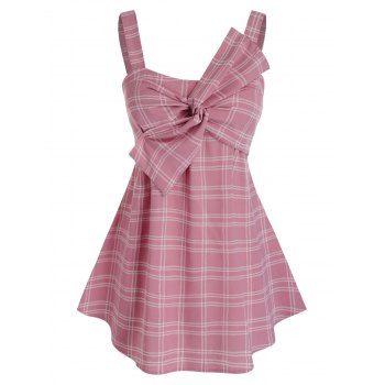 

Plus Size Twist Bowknot Plaid Square Neck Tank Top, Pink