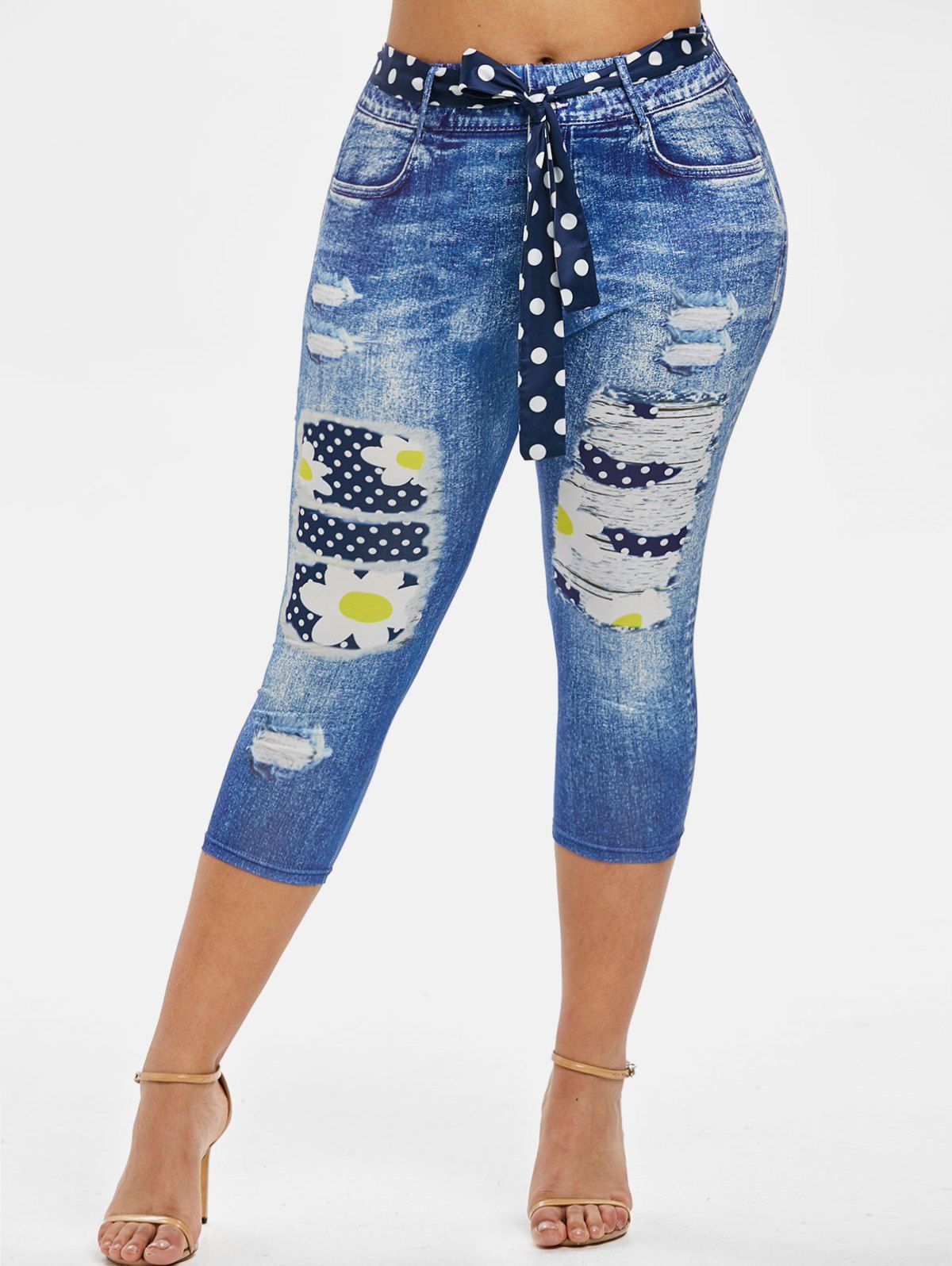 

Dotted Daisy 3D Print Belted Plus Size Capri Jeggings, Blue