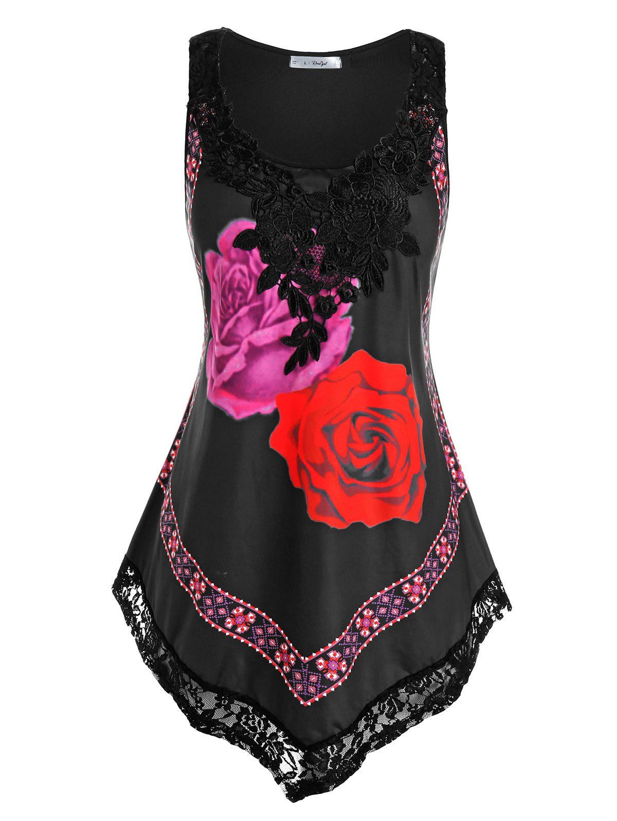 

Plus Size Rose Print Asymmetric Tank Top, Black