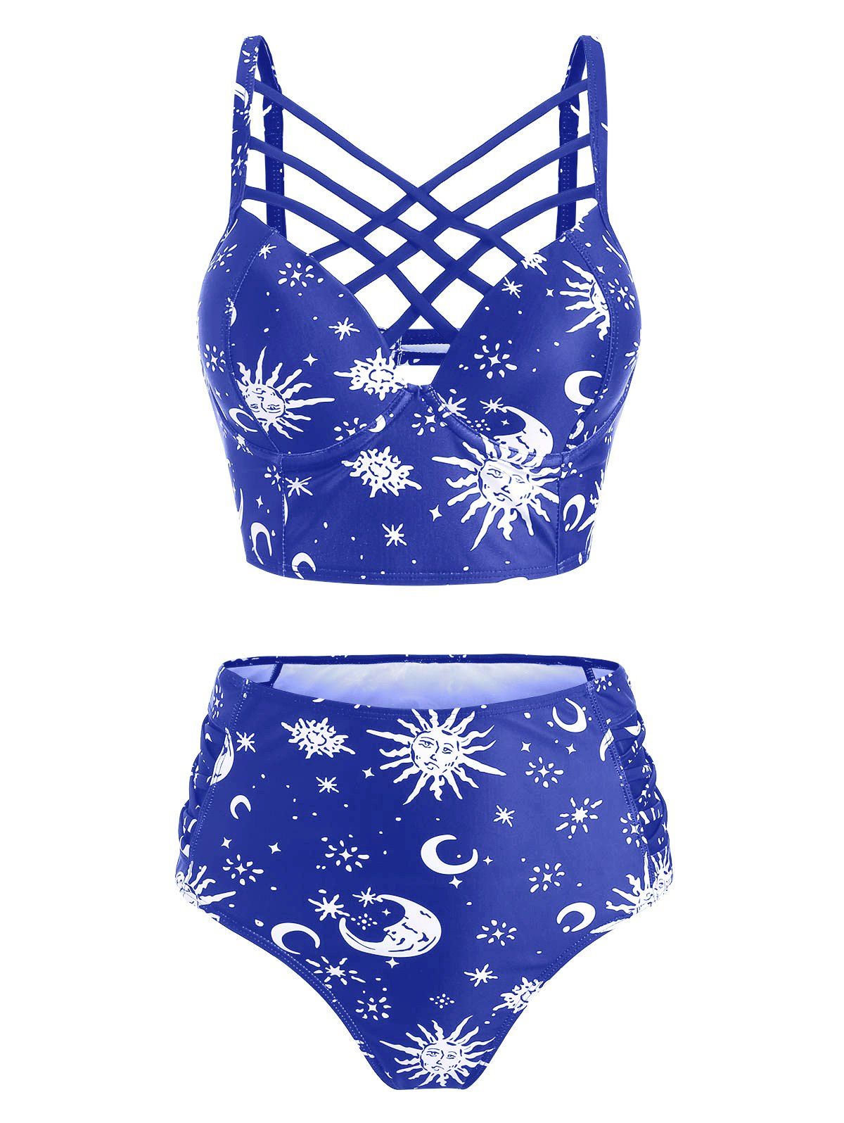 Vintage Tankini Swimsuit Corset Moon Sun Bathing Suit Star Print Lattice Summer Beach Swimwear - DENIM DARK BLUE S