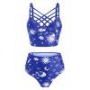 Vintage Tankini Swimsuit Corset Moon Sun Bathing Suit Star Print Lattice Summer Beach Swimwear - DENIM DARK BLUE S