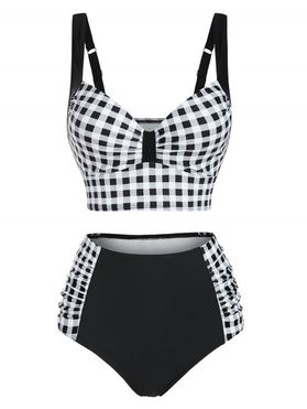 Summer Beach Tankini Swimwear Gingham Plaid Print Push Up Swimsuit Ruched High Rise Tummy Control Bathing Suit