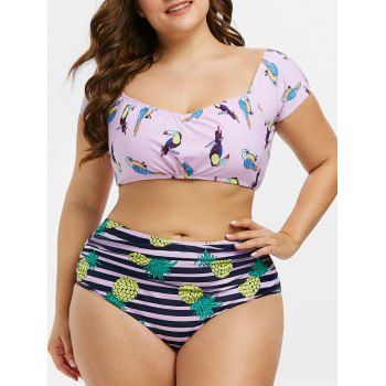 

Plus Size Bird Pineapple Print High Rise Two Piece Swimsuit, Mauve