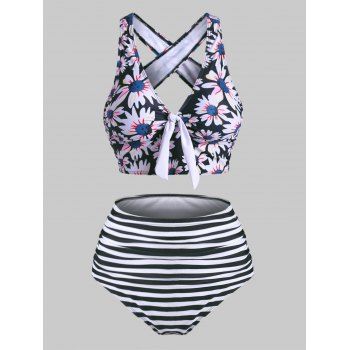 

Striped Flower Tied Crisscross Tummy Control Tankini Swimwear, Black